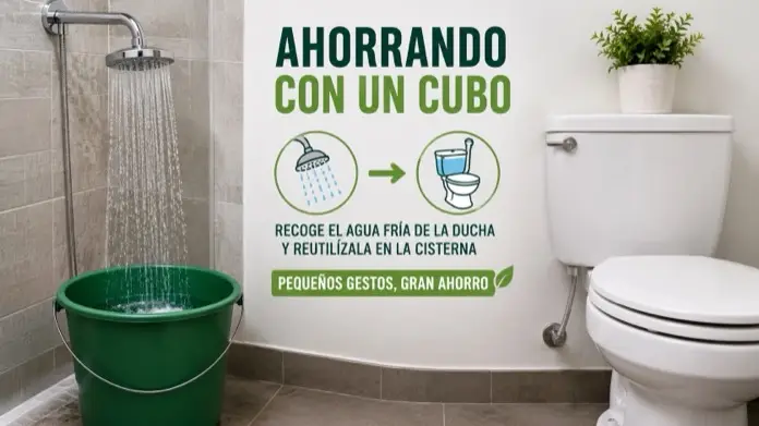 ahorrando con un cubo agua en la ducha y utilizándola luego en la cisterna