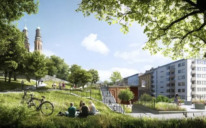 Viviendas azotea ajardinada Estocolmo parque Hogalid