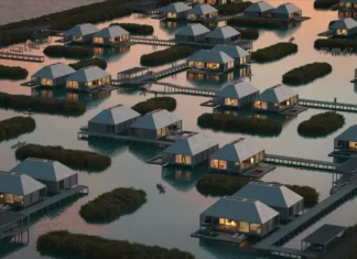 vista aérea salina con cabañas de madera