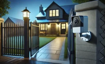 Entrada a una casa iluminada con vigilancia activa