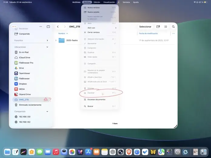 En iPadOS 26.1 es imposible expulsar un disco desde la app Archivos.