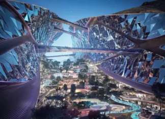 Trojena, el laboratorio más extremo del proyecto NEOM The Vault, puerta a Trojena, con hoteles, tiendas, entretenimiento y apartamentos.