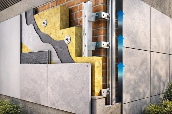 Perspectiva en detalle de una esquina de fachada ventilada.