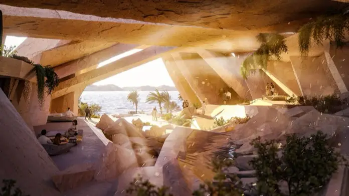 Interior de Xaynor, con estructura que simula formaciones rocosas.