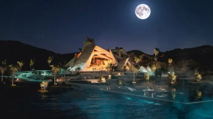 Vista nocturna del club privado en el Golfo de Aqaba