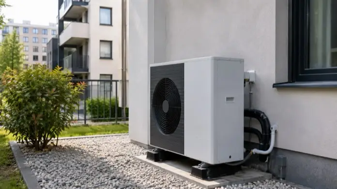 Unidad exterior de aerotermia instalada en una vivienda durante una reforma energética