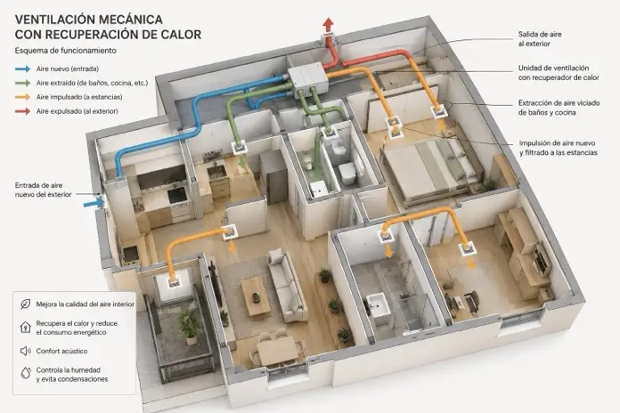 Esquema de ventilación mecánica con recuperación de calor en una vivienda reformada